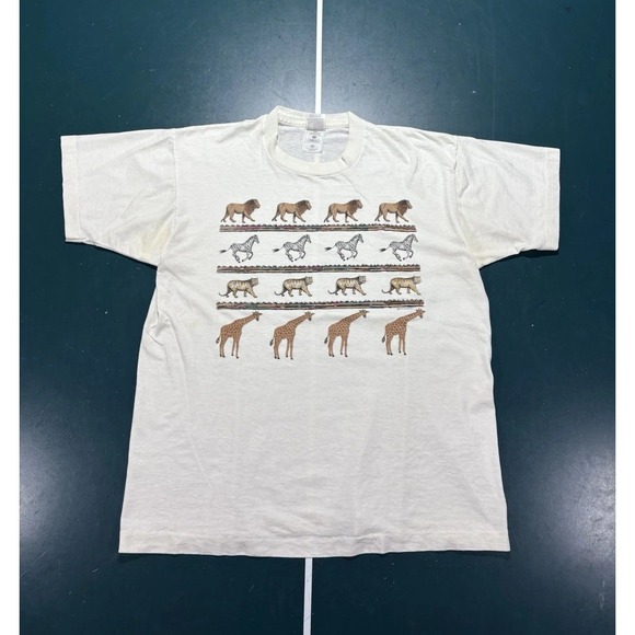 Fruit of the Loom Other - Vintage 90s Wildlife Safari Nature T Shirt Men Large Lion Tiger Zebra Giraffe